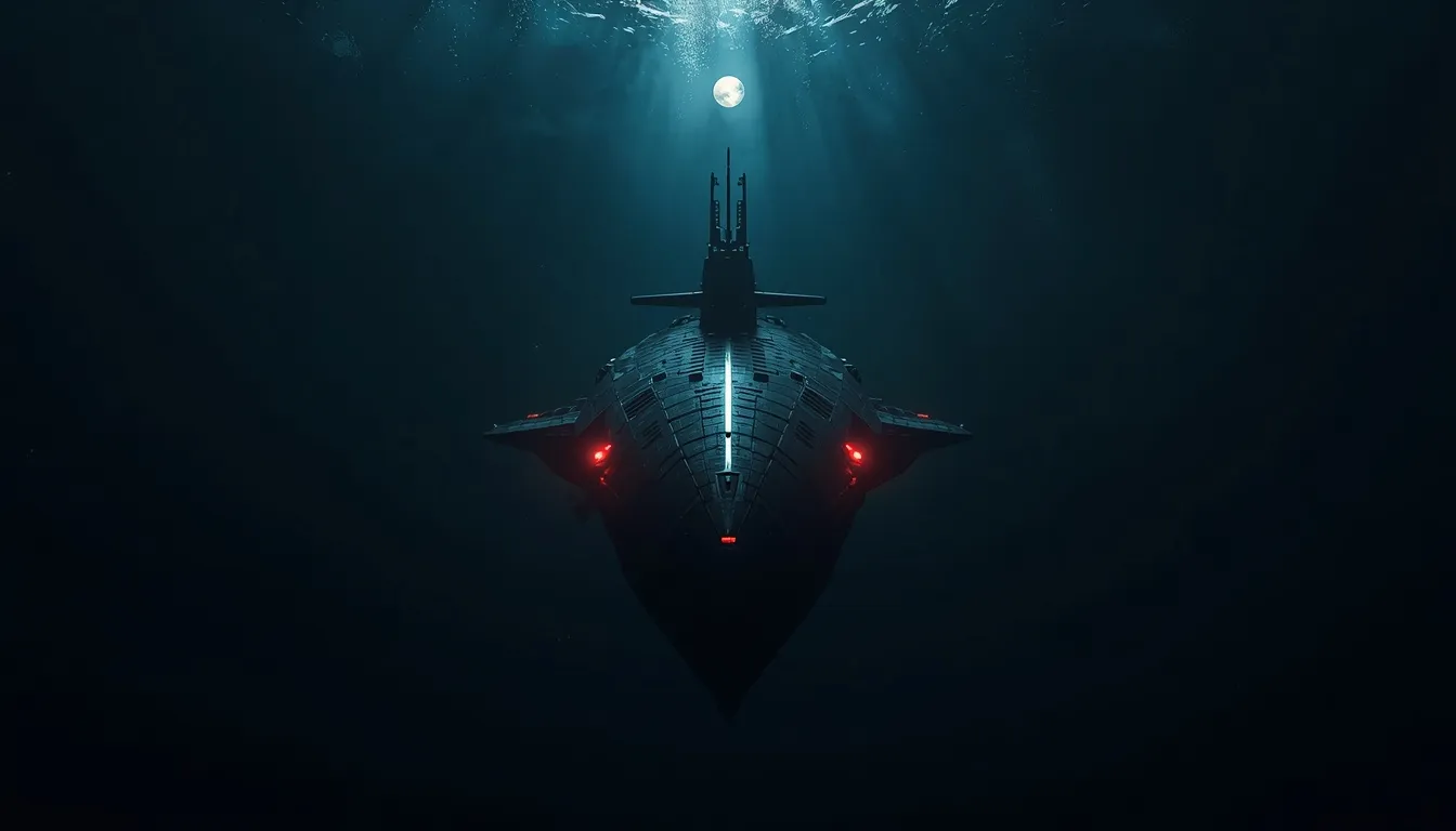 A dark attack submarine with glowing red running lights hangs in deep blue water beneath a shaft of surface light.