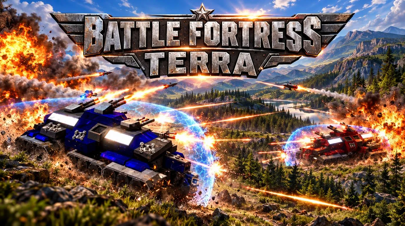 Battle Fortress Terra key art — two armoured battle fortresses trade fire across a burning valley beneath the game's logo.