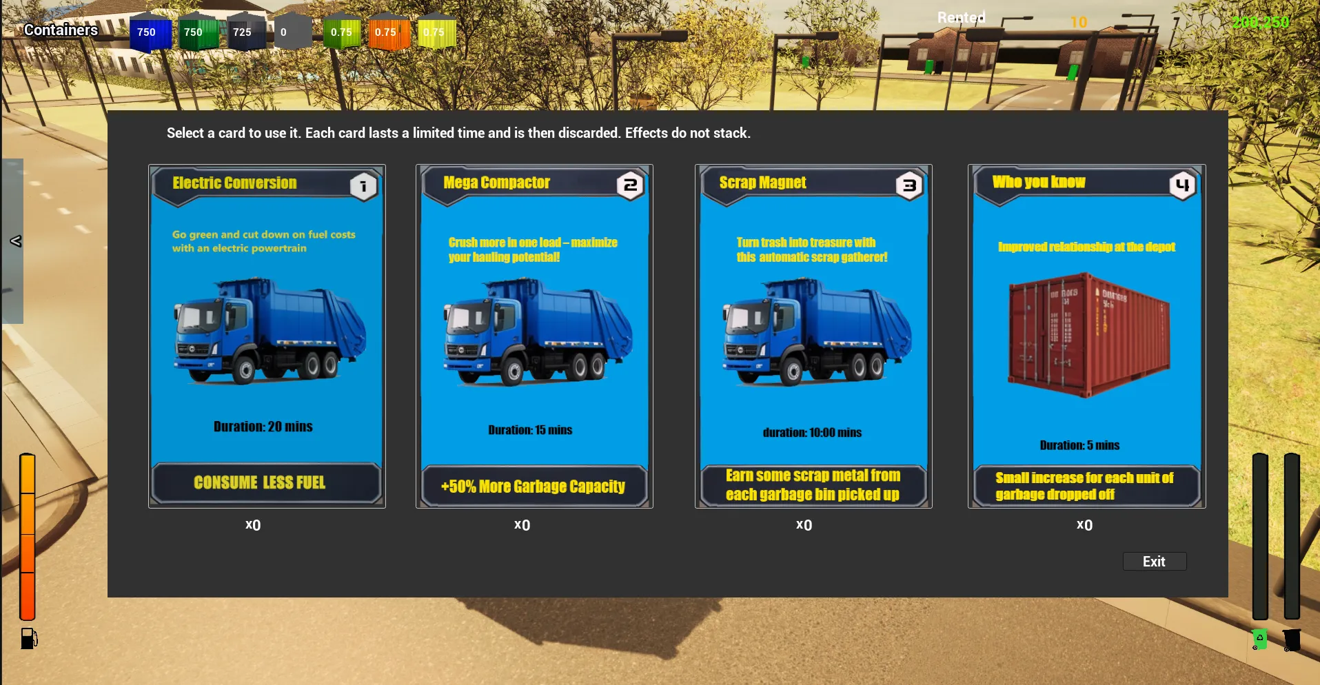 Four power-up cards displayed over the game, including Mega Compactor and Scrap Magnet.