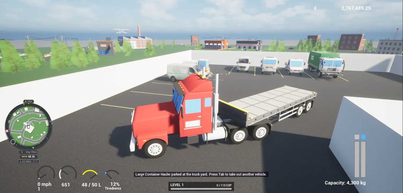 A red large-container hauler truck parked in a depot.