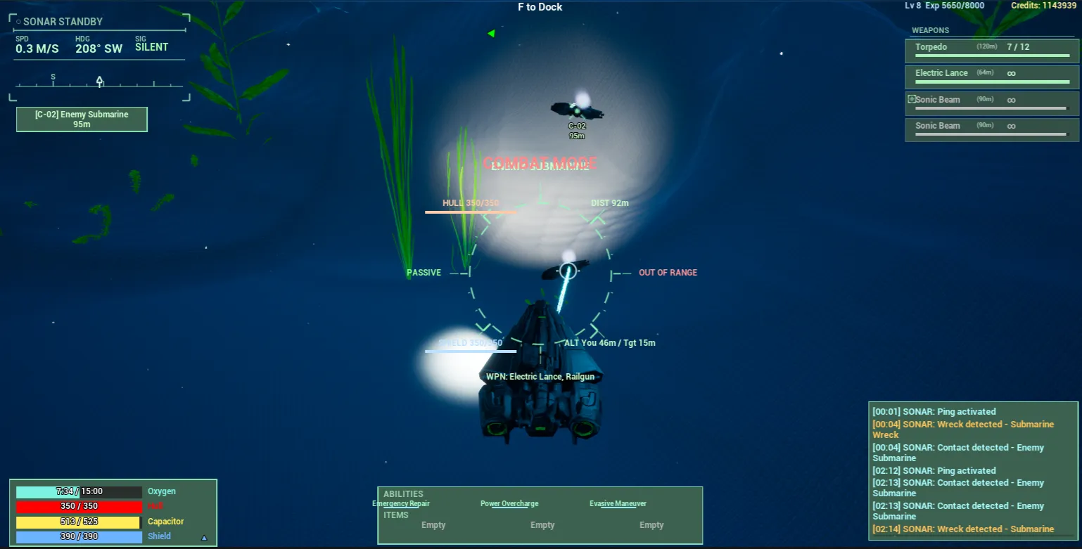 A submarine fires a sonic weapon in dark blue water, with the HUD showing sonar, weapons and hull status.