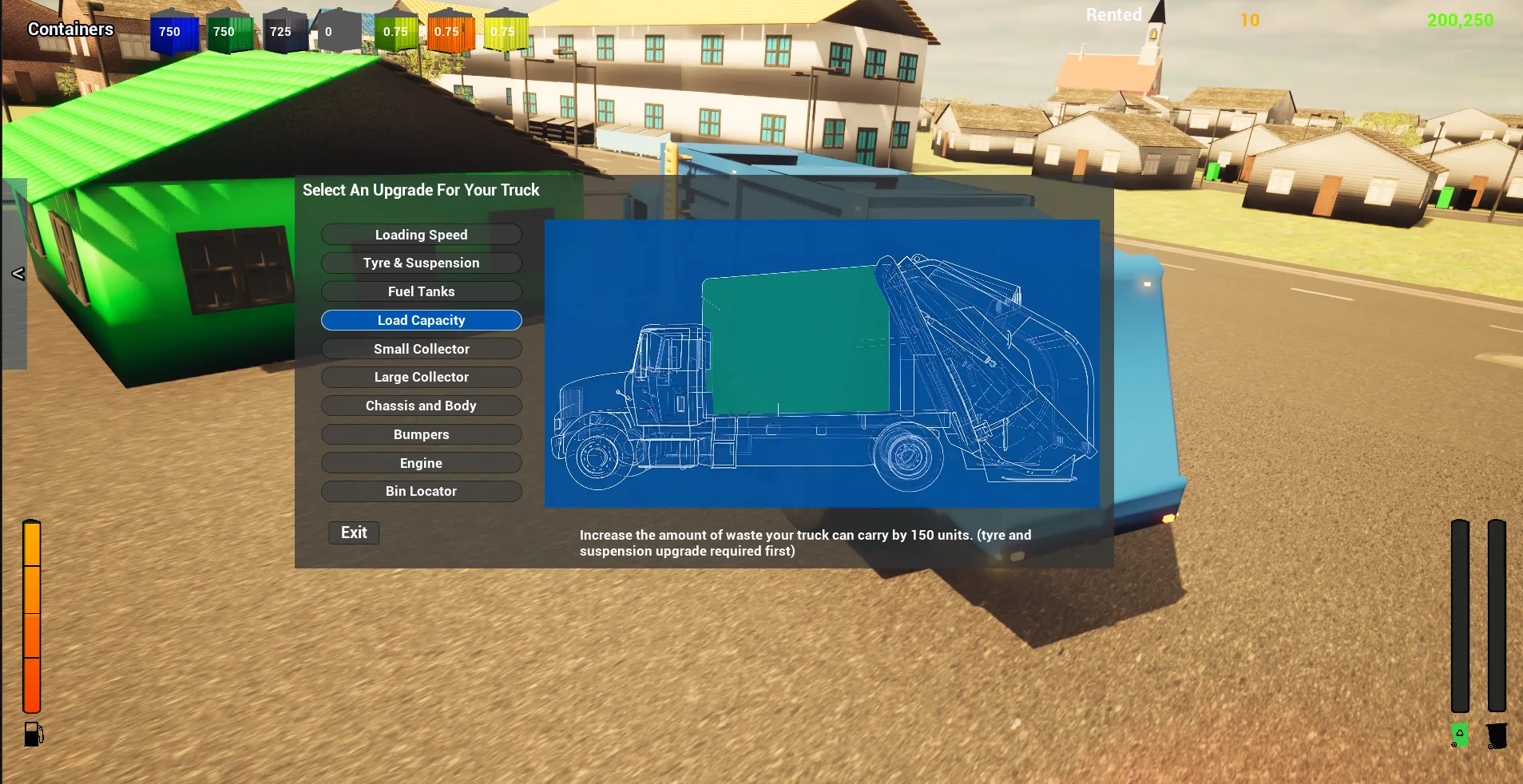 The upgrade menu showing loading speed, fuel tank, capacity and other truck upgrades.
