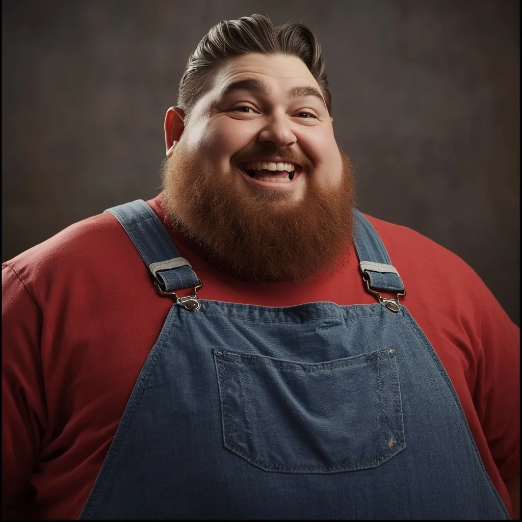 Uncle Ray, a bearded man in denim overalls, laughing.